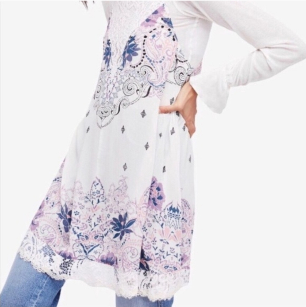Free People Who's Sorry Now Printed Mini Slip Dress Sleeveless Lace Ivory XS NWT - Picture 10 of 16